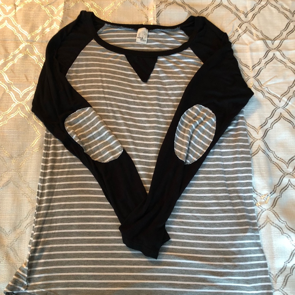 Gray and White Striped T with elbow patches